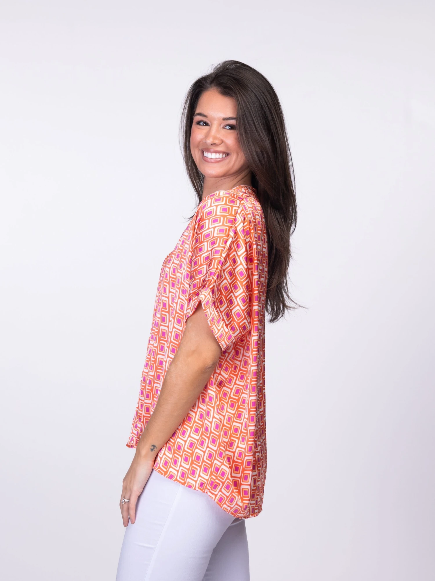 Short Sleeve V Neck Geometric Print Top | S-L - Image 2