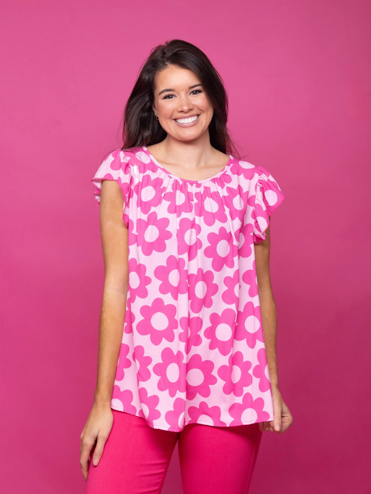 Ruffle Sleeve Round Neck Floral Printed Top | S - 3X - Image 2