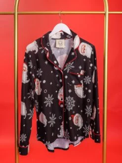 Santa Collared Button Down Long Sleeve Lounge Pajama Top | S - L
