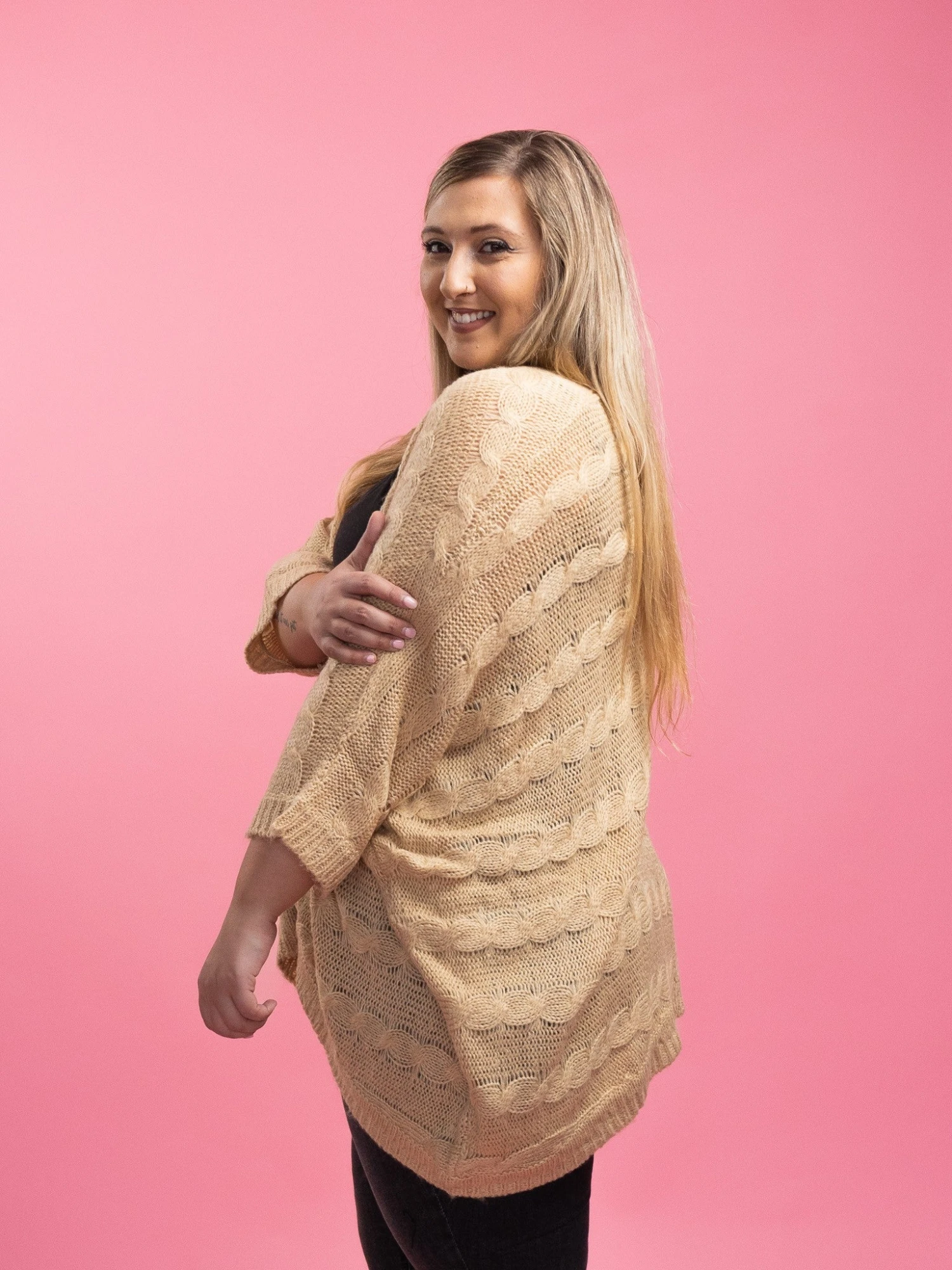 Cable Knit Long Sleeve Open Front Cocoon Cardigan | S-3X - Image 4