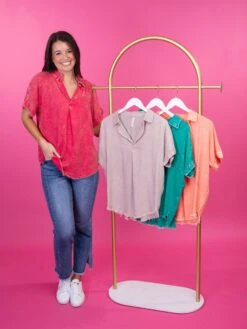 Zenana Washed Linen Raw Edge Short Sleeve Collared Shirt | S - XL