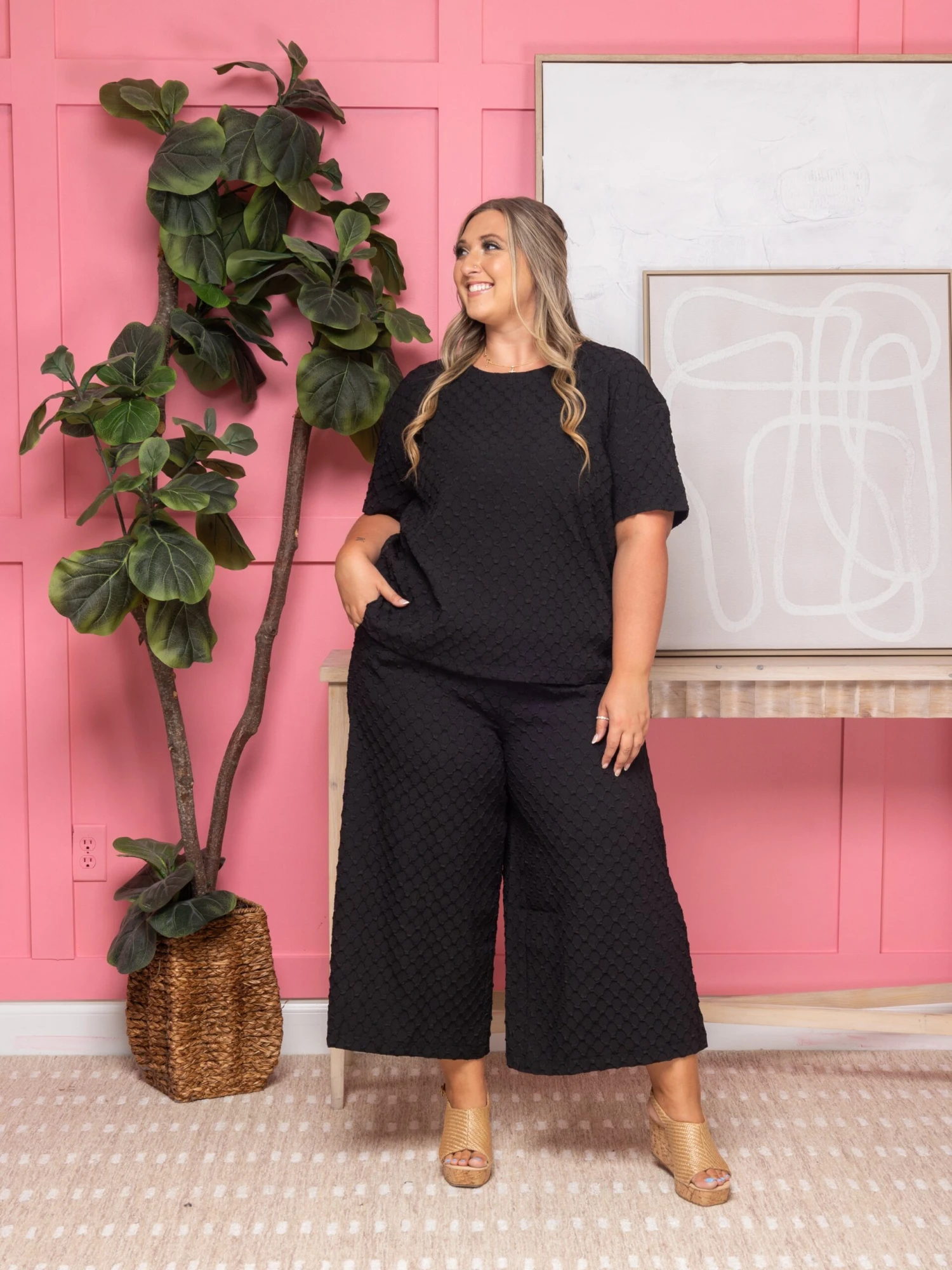 Jacquard Top Round Neck Short Sleeve Back Zipper Closure | S-3XL Set W/sku53184 - Image 2