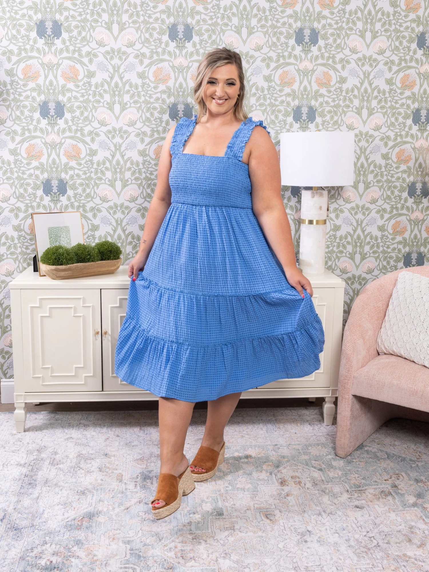 Jacquard Checker Smocking Tiered Midi Dress | S - 3XL - Image 2