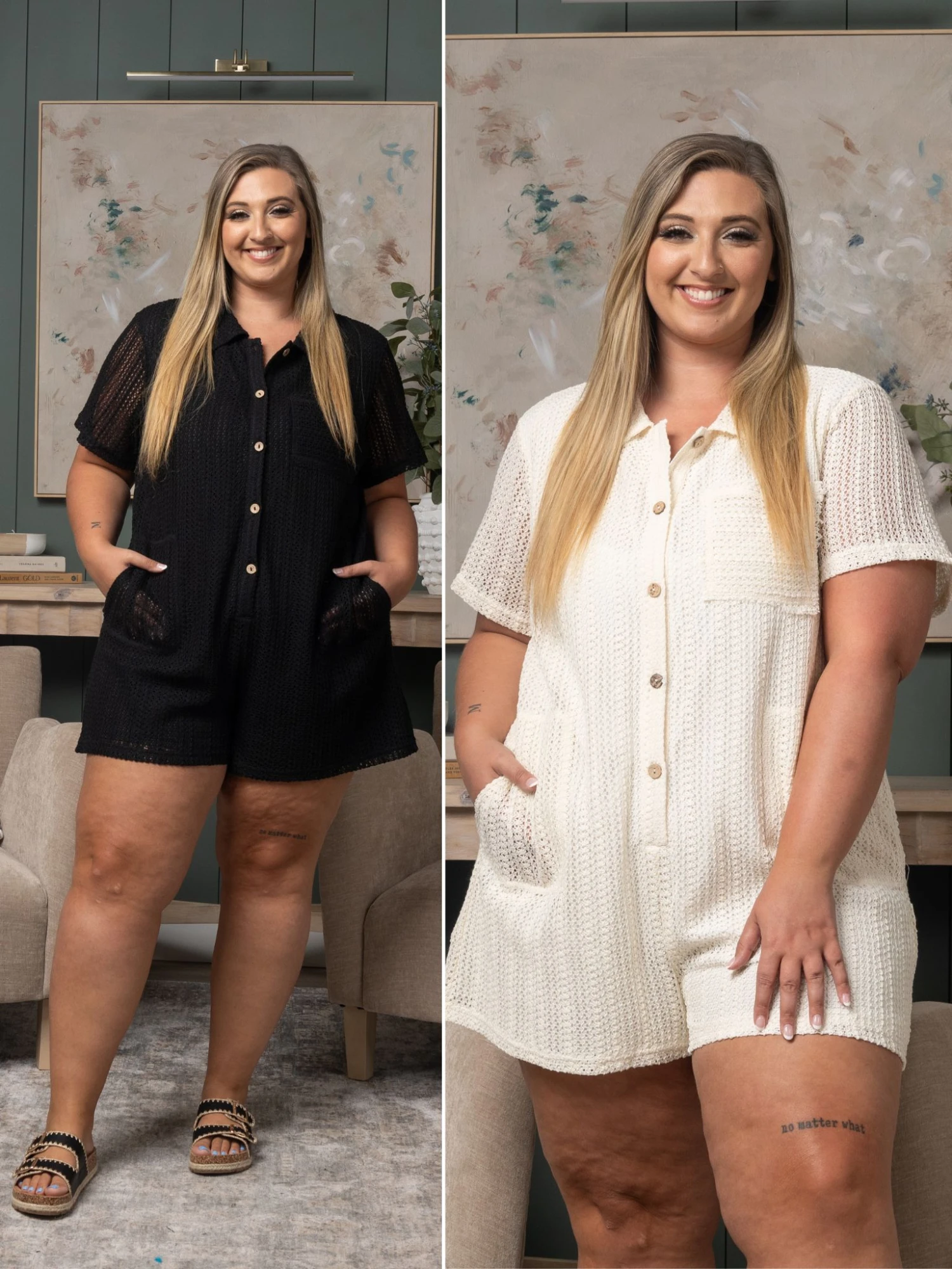 Button Down Crochet Romper With Pockets | S - 3XL