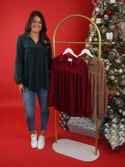 Collared V-Neck Oversized Mixed Media Long Sleeve Top | S - 3X