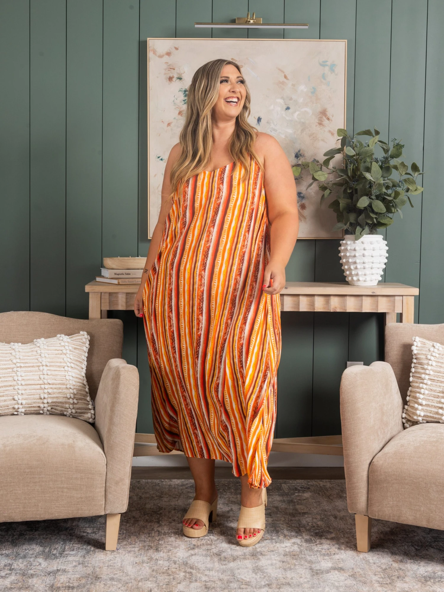 Striped Print Adjustable Maxi Dressw/ Pockets | S - 3X - Image 2