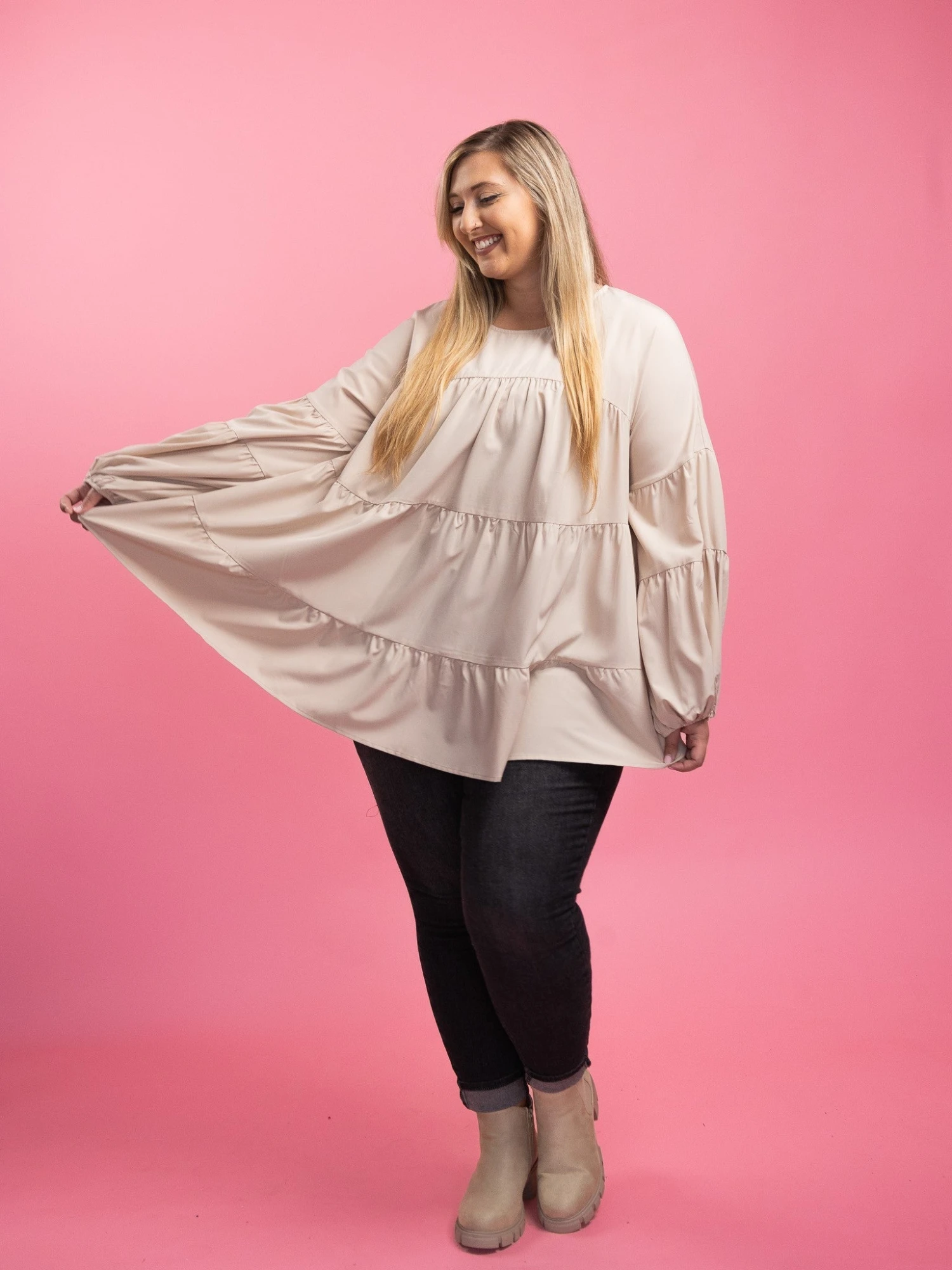 Long Sleeve Round Neck Tiered Top | S - 3X - Image 5