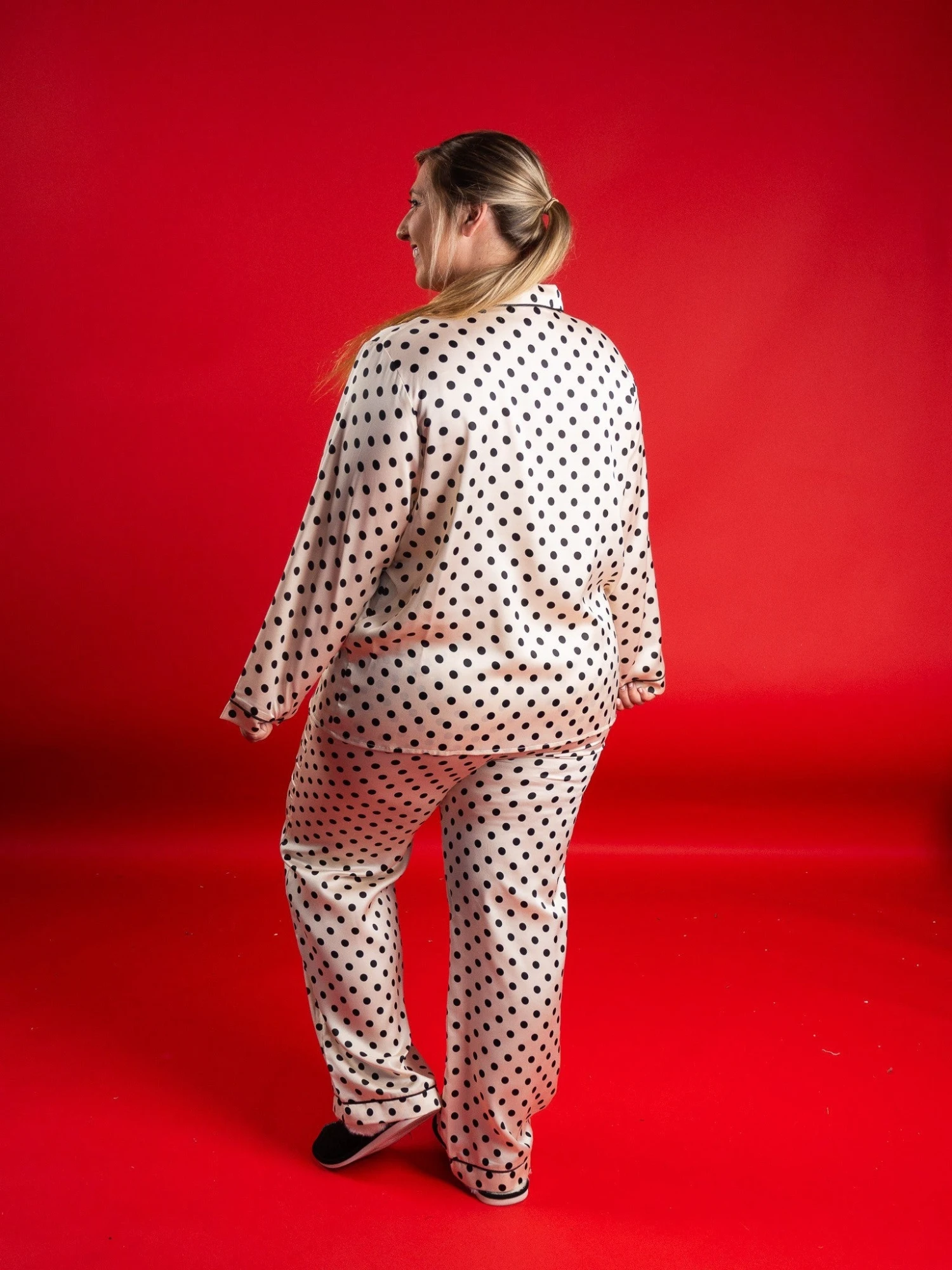 Polka Dot Button Down Long Sleeve Satin Lounge Pajama Top | S - 3X - Image 2
