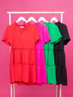 Short Sleeve Split Neck Tiered Short Dress | S-3X