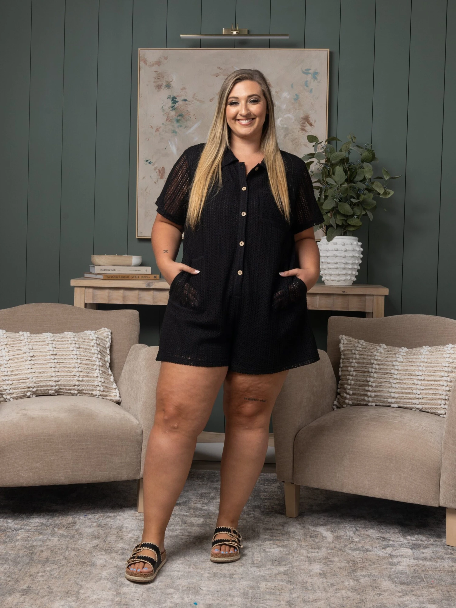 Button Down Crochet Romper With Pockets | S - 3XL - Image 2