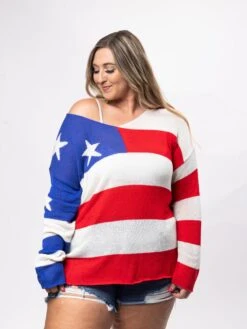 American Flag V-Neck Long Sleeve Knitted Top | S - 3X Americana