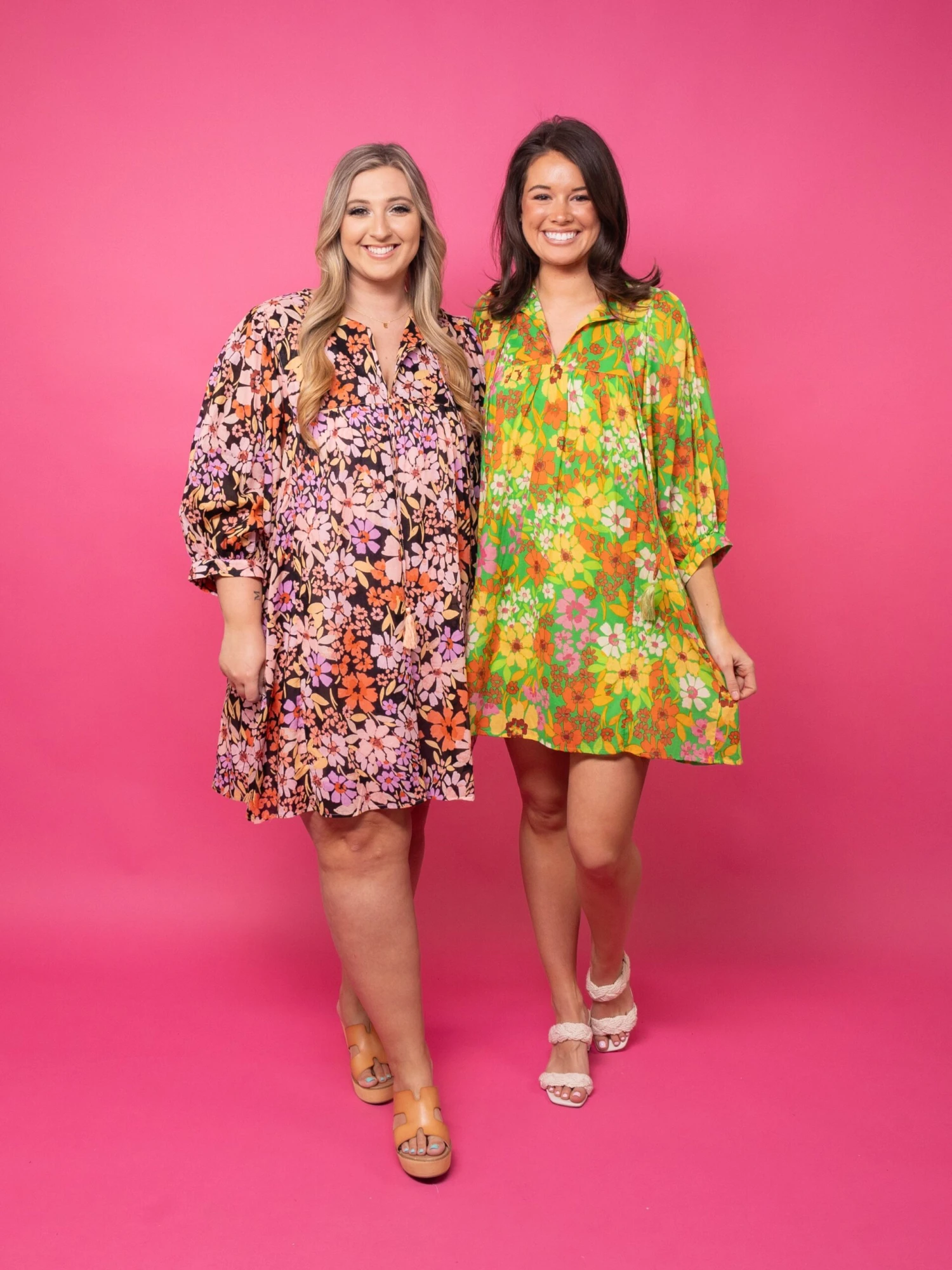 Floral Center Tie Front Mini Dress W/ 3/4 Puff Sleeves | S-3X