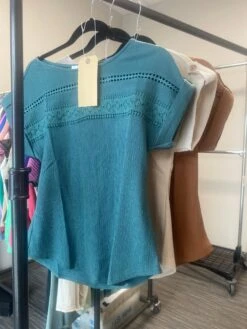 Short Tab Sleeve Lace Trim Crinkle Knit Blouse | S-L *Final Sale*