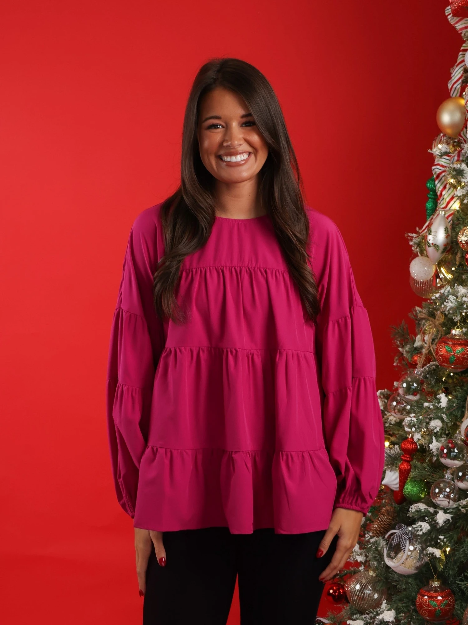 Long Sleeve Round Neck Tiered Top | S - 3X - Image 2