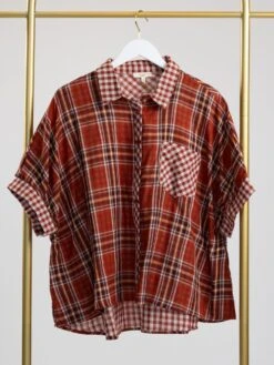 Short Sleeve Button-Down Collared Plaid Top W/ Chest Pocket | S-L
