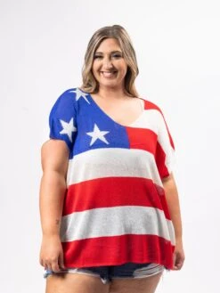 American Flag Loose Fit V-Neck Light Knitted Top | S-3X Americana