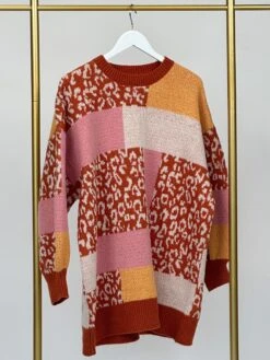 Mixed Leopard Print Color Block Long Sleeve Round Neck Sweater | S/M- 2X/3X