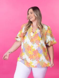 Floral Print V Neck Top W/ Short Puff Sleeves | S-3X