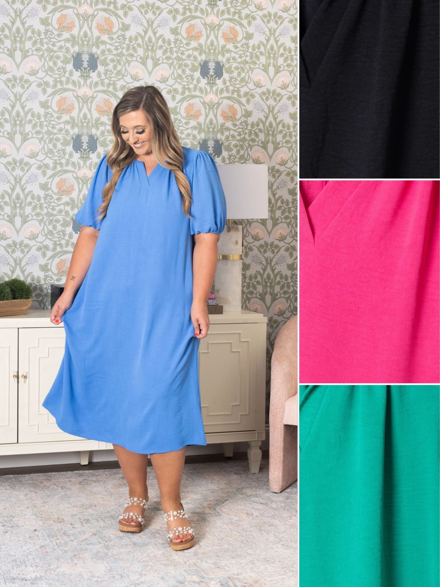 Peasant Sleeve Split Neck Midi Dress | S-3X