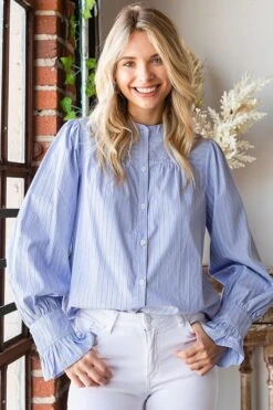 Striped Ruffle Cuff Sleeve Mandarin Collared Shirt | S - 3X