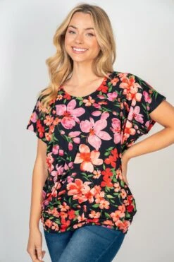 Floral Print Dolman Top With Tapered Waist | S - 3X White Birch