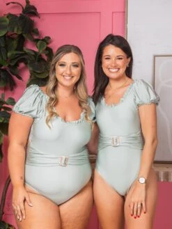 Elegant Puff Sleeve And Belt One Piece Swimsuit | S - 3X *Final Sale*