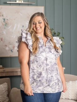 Printed Ruffle Sleeve V-Neck Top | S - 2X