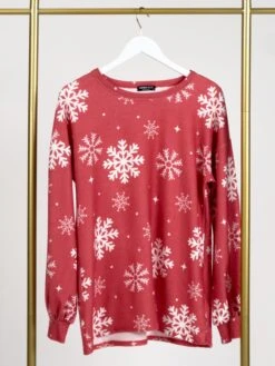 Long Sleeve Round Neck Snowflake Print Fleece Top | S-3X