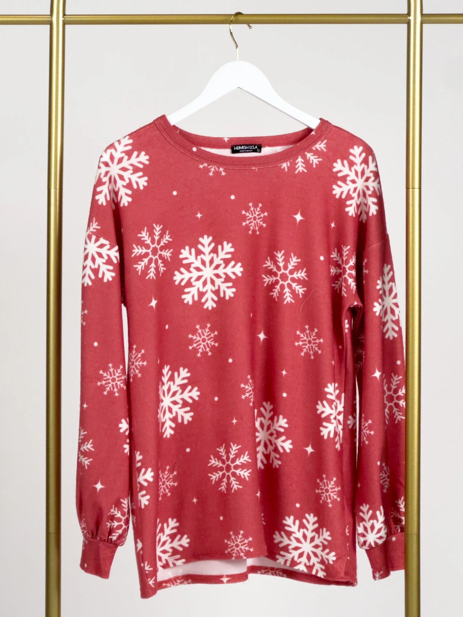 Long Sleeve Round Neck Snowflake Print Fleece Top | S-3X