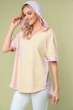 Short Sleeve Striped Knit Hooded Top | S - 3X
