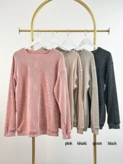 Solid Ribbed Round Neck Pullover Sweatshirt | S - 2XL