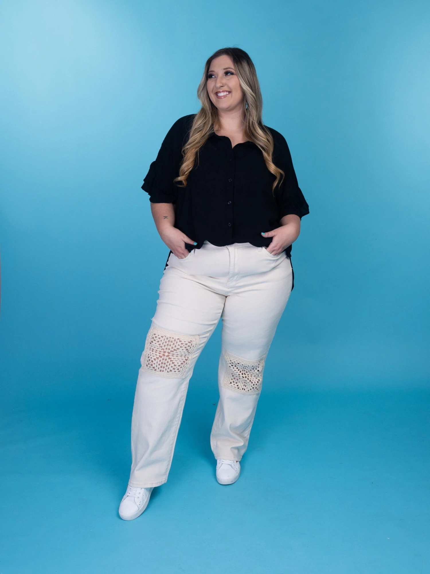 Judy Blue High Waist Garment Dyed Crotchet Knee Patches Wide Leg Jeans | 0 - 24 - Image 4