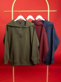 French Terry Ribbed Mock Neck 1/4 Zip Long Sleeve Pullover | S-XL