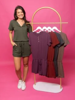 Zenana Short Sleeve 1/4 Button Romper W/ Pockets | S - 3X