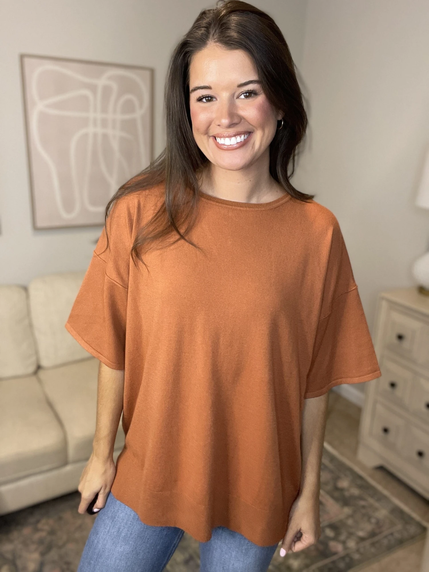 Oversized Short Sleeve Round Neck Knit Top W/ Side Slits | S - 3X - Image 2
