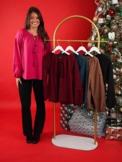 Tie Neck Pleated Detail Blouse W/ Long Poet Sleeves | S - 3X