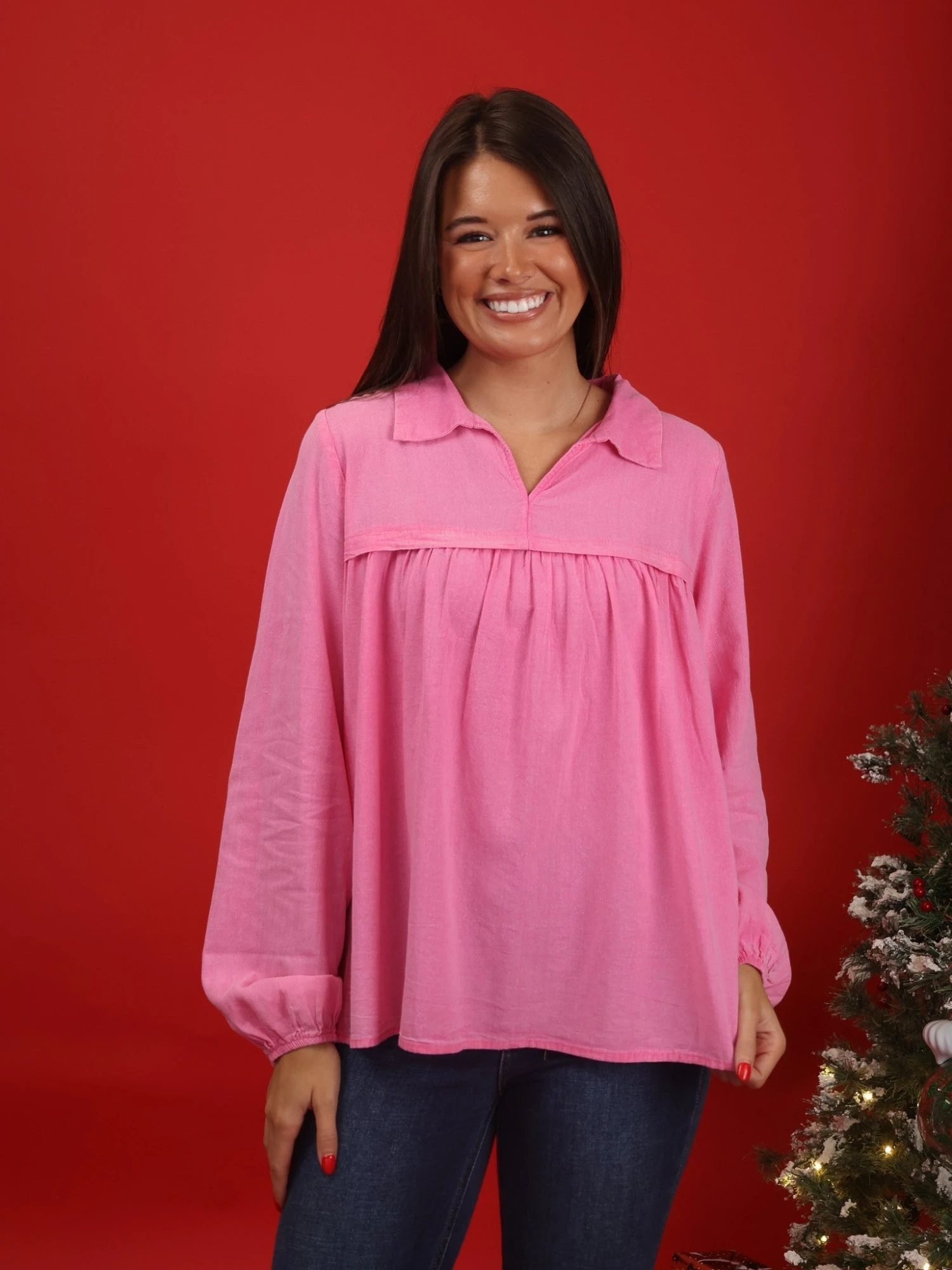 Washed Long Sleeve V Neck Babydoll Top | S-3X - Image 3