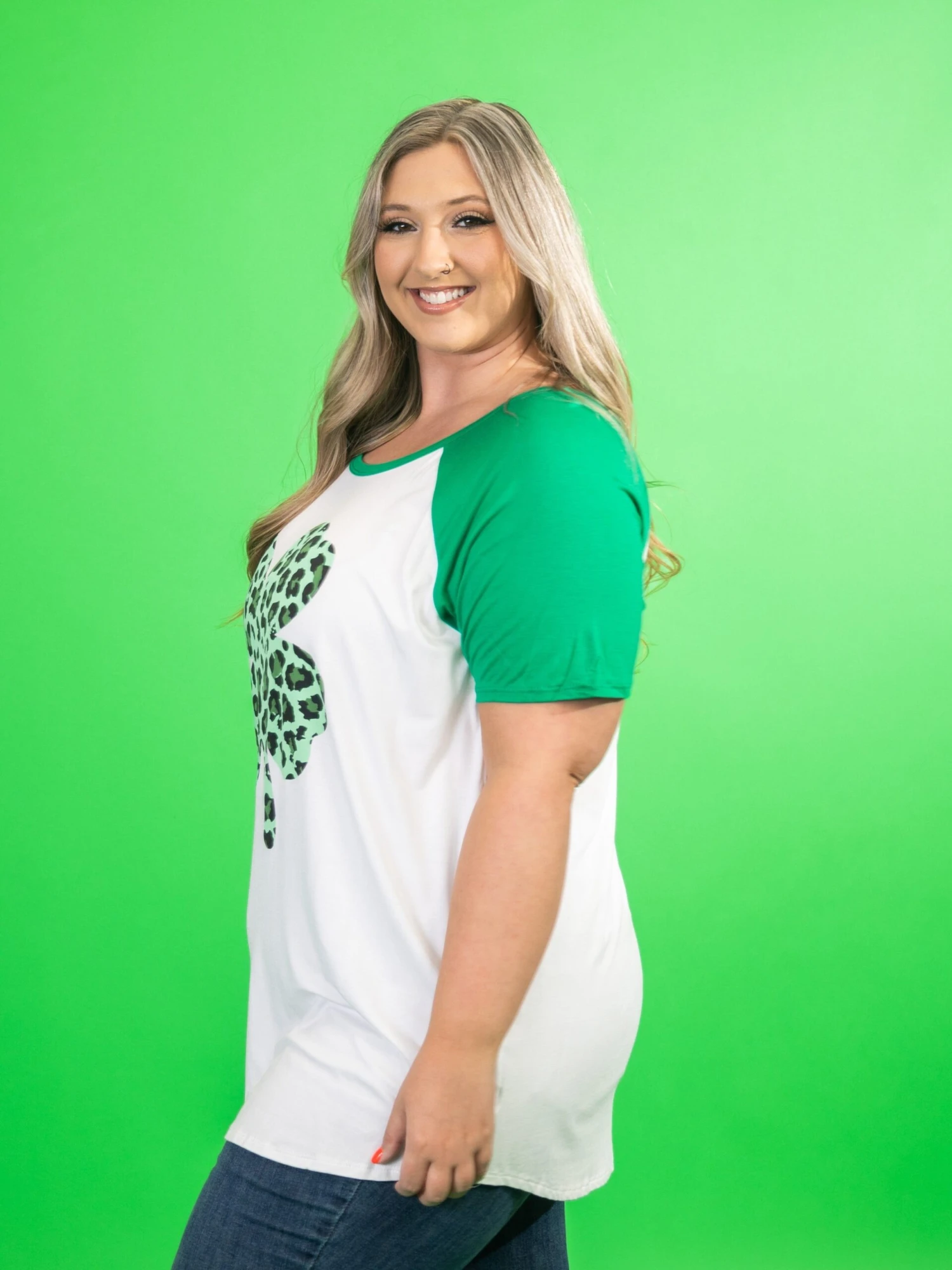 Short Sleeve Ragland Top W/ Animal Print Clover | S-3X St. Patricks Day - Image 2