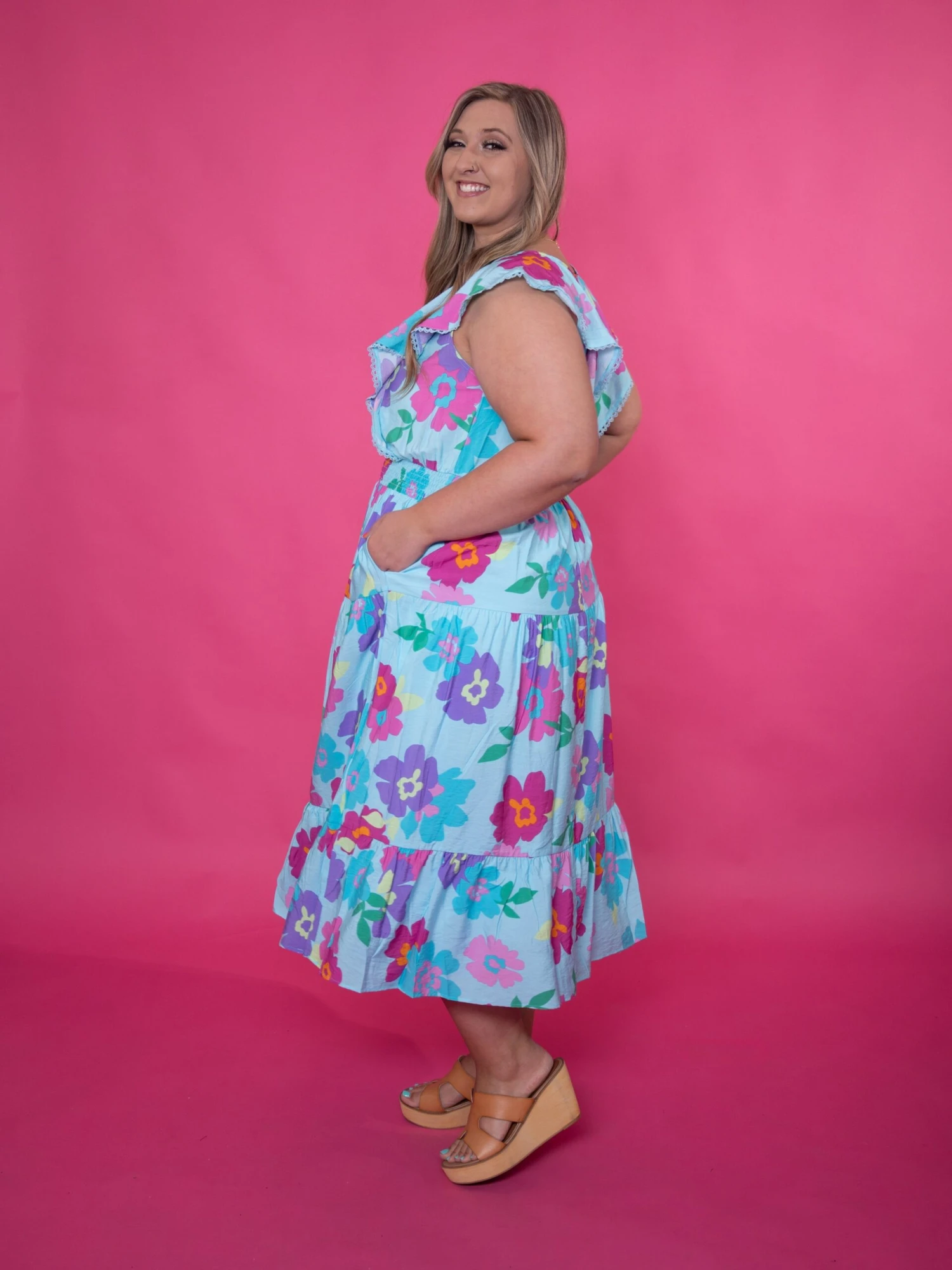 Floral Print V-Neck Lace Detail Flutter Sleeve Maxi Dress | S - 3XL - Image 3