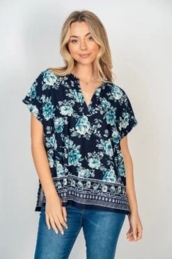Floral Border Top W/ Hi Lo Hem & Side Slit | S-3X