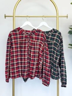 Plaid Round Neck Button Up Babydoll Long Sleeve Top | S - L
