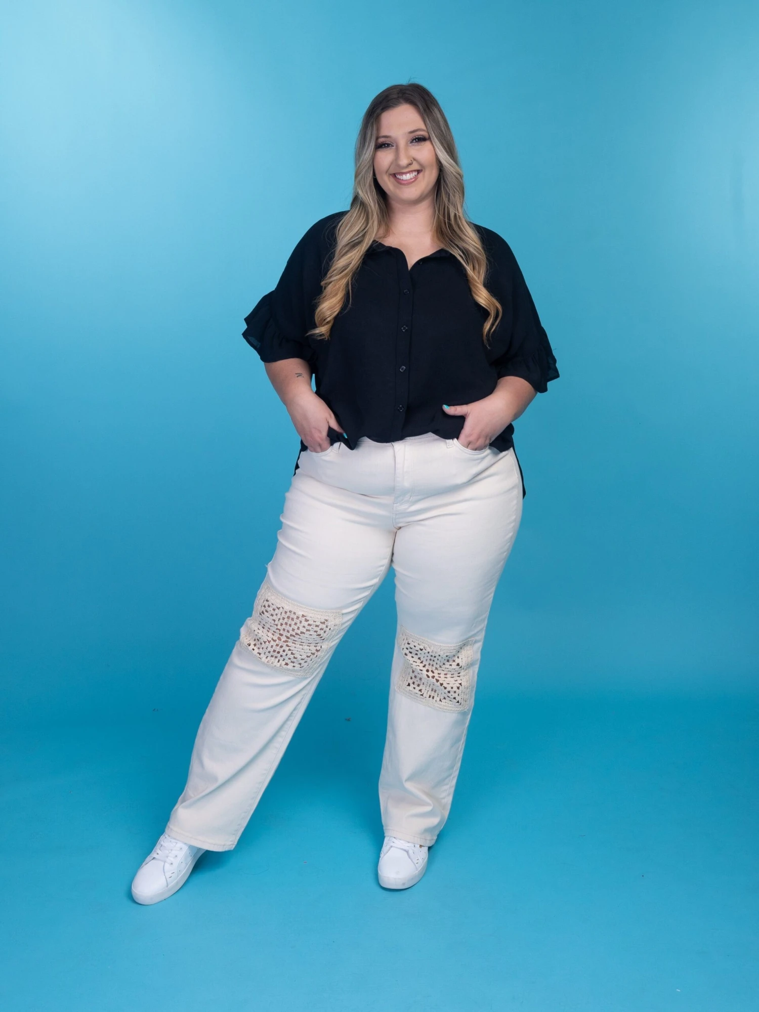 Judy Blue High Waist Garment Dyed Crotchet Knee Patches Wide Leg Jeans | 0 - 24 - Image 3