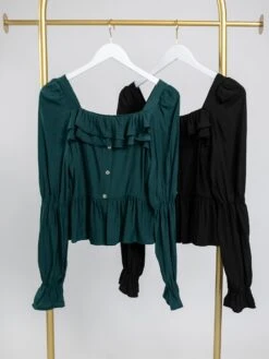Long Sleeve Square Neck Ruffled Top W/ Buttons | S - L