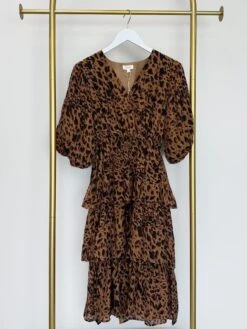 Leopard Print V-Neck 3/4 Sleeve Tiered Ruffle Midi Dress | S - 3XL