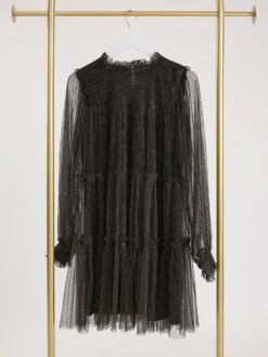 Sparkly Tiered Ruffled Mock Neck Dress W/ Long Sheer Sleeves | S-L