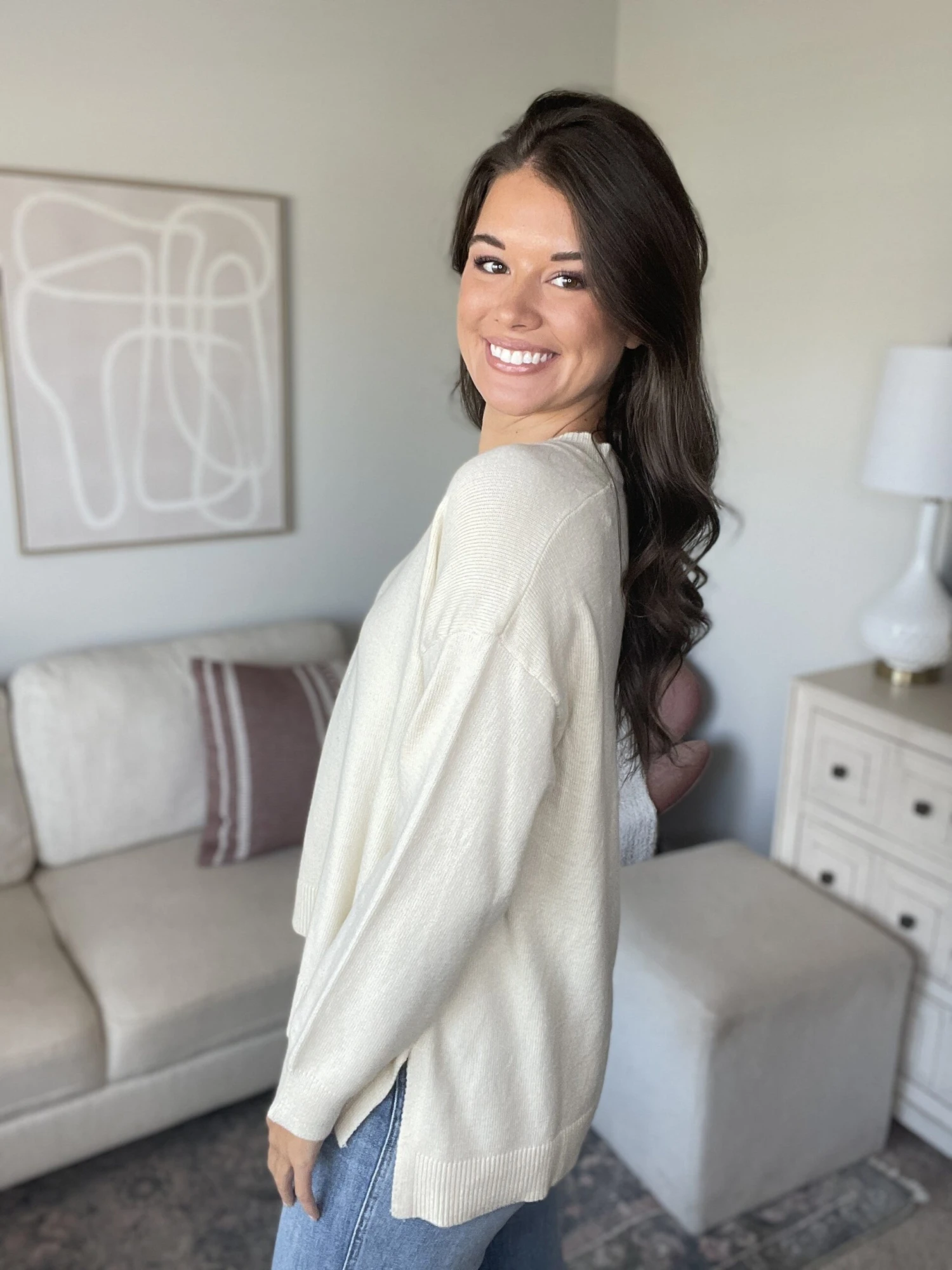 V Neck Long Sleeve Sweater W/ Side Slits | S-L - Image 3