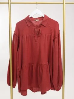 Cotton Gauze Collared Long Sleeve Tiered Tunic Top W/ Tied V Neck | S - L