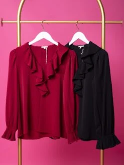 Solid V-Neck Long Sleeve Top W/ Ruffles | S - L