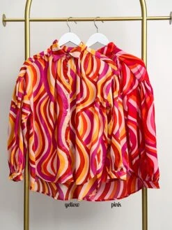 Groovy Print Long Sleeve Loose Fit Button Down Collared Top | S-L