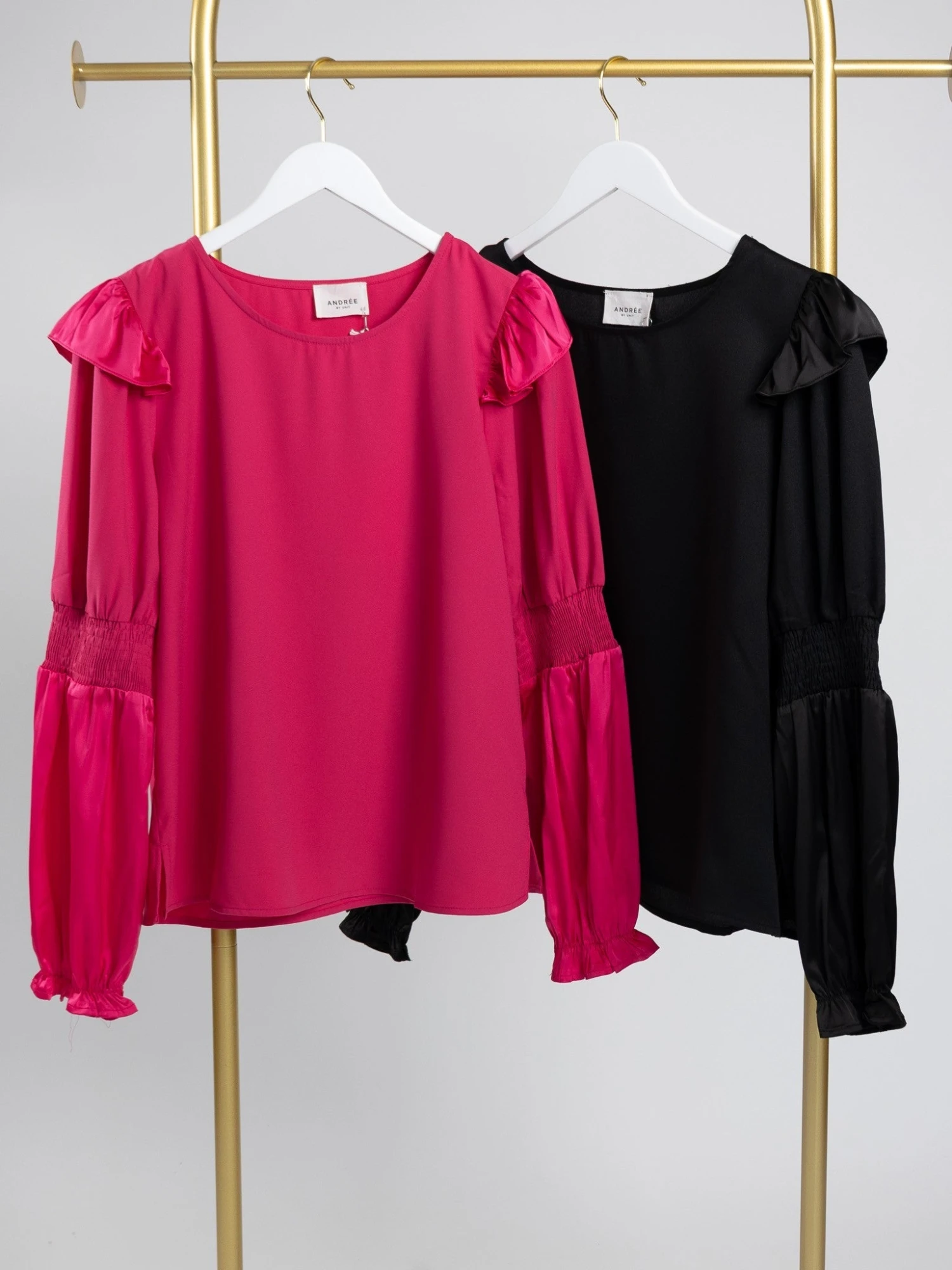 Round Neck Ruffle Detailed Blouse W/ Long Puff Sleeves & Smocking | S - L